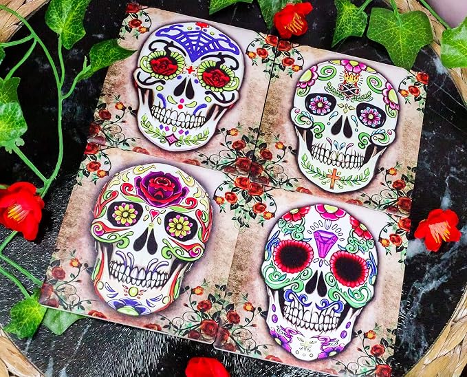 Ebros Gift Day of the Dead Dia De Muertos Calavera Floral Sugar Skulls Ceramic Coaster Set of Four Tiles with Cork Backing Furniture Protector Bar Pub Kitchen Dining Room Decorative Accent