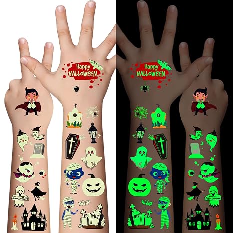 Awinmay Luminous Halloween Temporary Tattoos for Kids - 360 Pieces Halloween Glow In The Dark Tattoos for Boys and Girls,Bulk Halloween Prizes Treat or Trick Party Favor Goody Bag Stuffers 20 Sheets - skull sticker