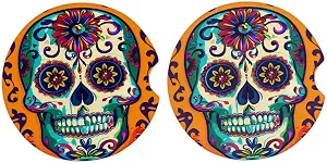 Car Coaster 2 Pack Day of The Dead Sugar Skull Car Coaster for Drinks Absorbent Ceramic Cup Holder Coaster for Men Women Removal Cute Car Accessories 2.56in - skull coaster