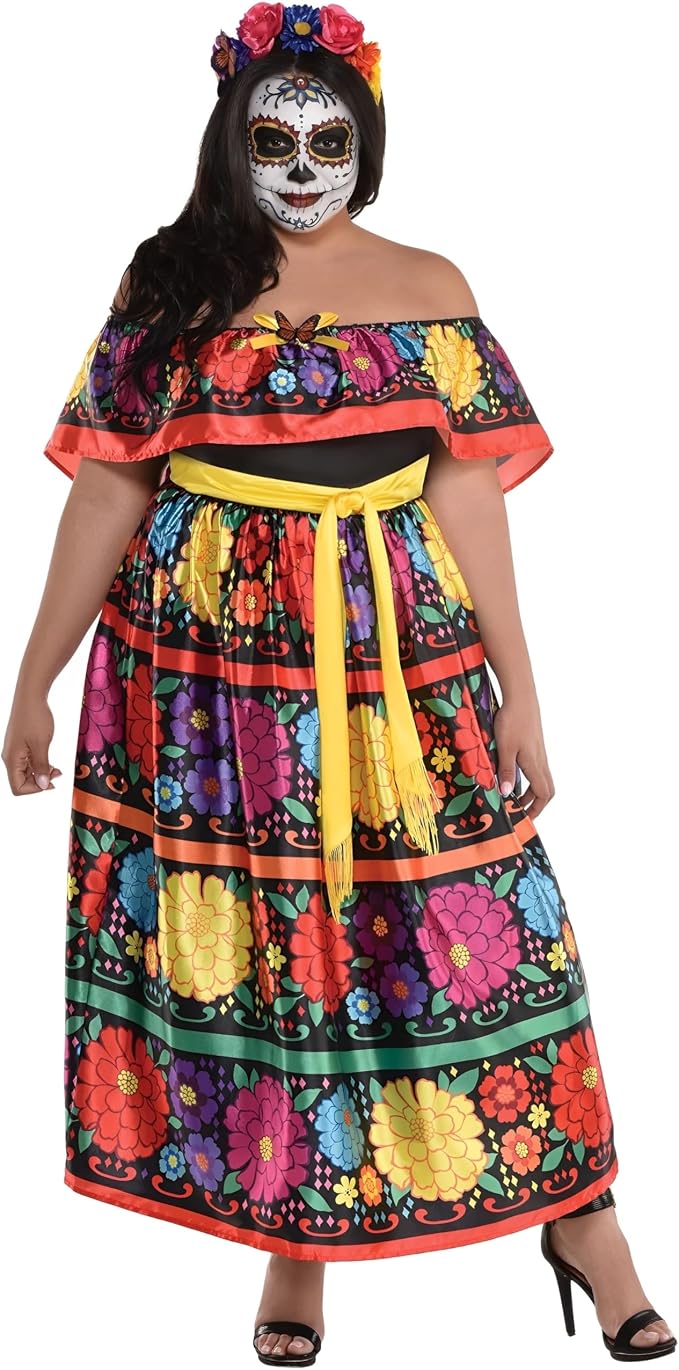 Multicolor Sugar Skull Beauty Dress & Headband Set - Plus XXL (18-20) - Enchanting Day of the Dead Costume - skull headband