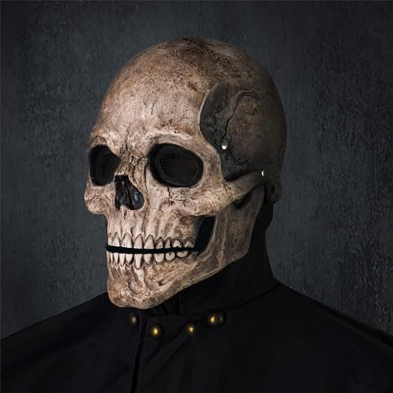 RRANYF Creepy Halloween Full Head Skull Mask with Movable Jaw, Adult Entire Head Realistic Latex Helmet, Scary Skeleton - skull helmet