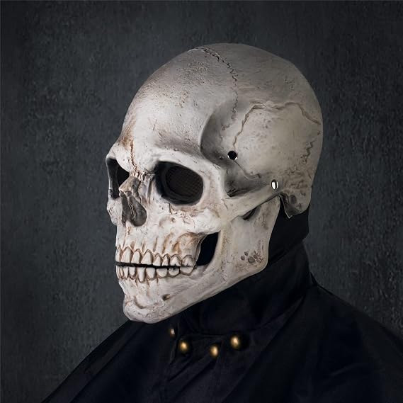 RRANYF Creepy Halloween Full Head Skull Mask with Movable Jaw, Adult Entire Head Realistic Latex Helmet, Scary Skeleton - skull helmet