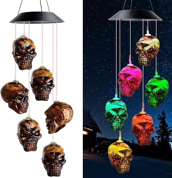 Skull Solar Wind Chime Lights, Halloween Solar Powered Wind Bell Skeleton LED String Light Windchime Outdoor Halloween Hanging Decorations Haunted House Props Gift - string light