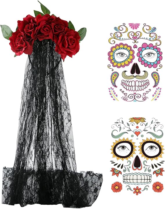 Day of the Dead Headpiece,Dia de los Muertos Headpiece,Mexican Flower Crown Headband with Face Tattoo - skull headband