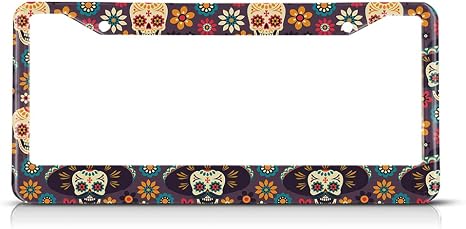 Sugar Skull and Flowers License Plate Frame Dead Skull Novelty License Plate Frame Gothic Pattern License Plate Car Tag Holder Metal License Plate Frame for US Vehicles Standard - skull plate