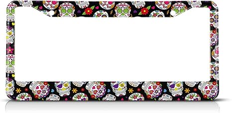 Day of The Dead License Plate Frame Auto Tag Frames Floral License Plates Holder 2 Holes Sugar Skull Gothic Halloween Decorative Car Truck Motorcycle License Plates Tag for Men Women - skull plate