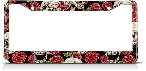 Rose Flower Skull License Plate Frame Halloween Sugar Skull Car Frames, License Plates Holder， Red License Plate Aluminum Metal Frames for Women Men Auto Decoration - skull plate