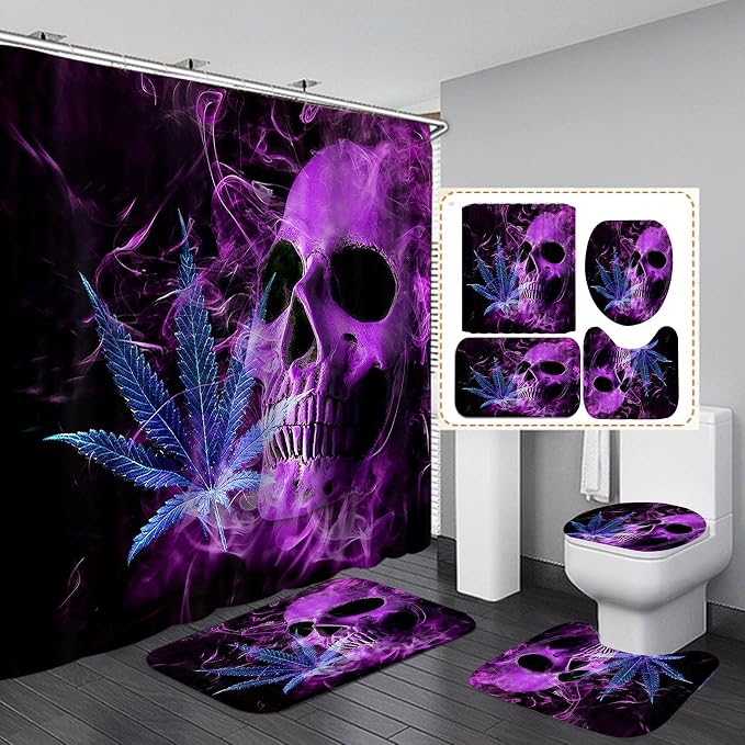 4PCS Purple Skull Shower Curtain Sets with Rugs, Waterproof Fabric Shower Curtain, Halloween Horror Scary Gothic Cool Skeleton Bathroom Decor for Men Teen Boys, Non-slip Bath Mat Bathroom Rugs - skull toilet mat