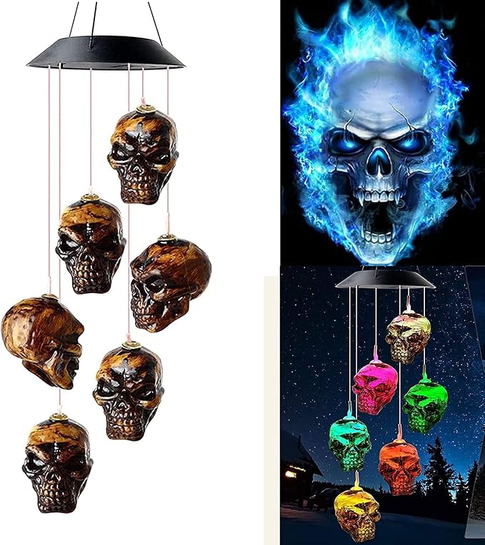 Skeleton Skull Wind Chime Light Skulls Solar Powered LED Night Lights Outdoor Lawn Garden Hanging Light Lamp Halloween Skeleton Skull String Light Halloween Decoration