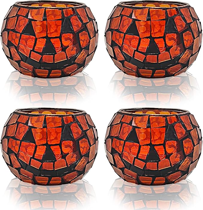 SHMILMH Halloween Candles Holder Set of 4, Grimace Tealight Holders, Handmade Mosaic Pumpkin Glass Votive Candle Holders for Halloween Table Centerpiece Home Decor - skull candle