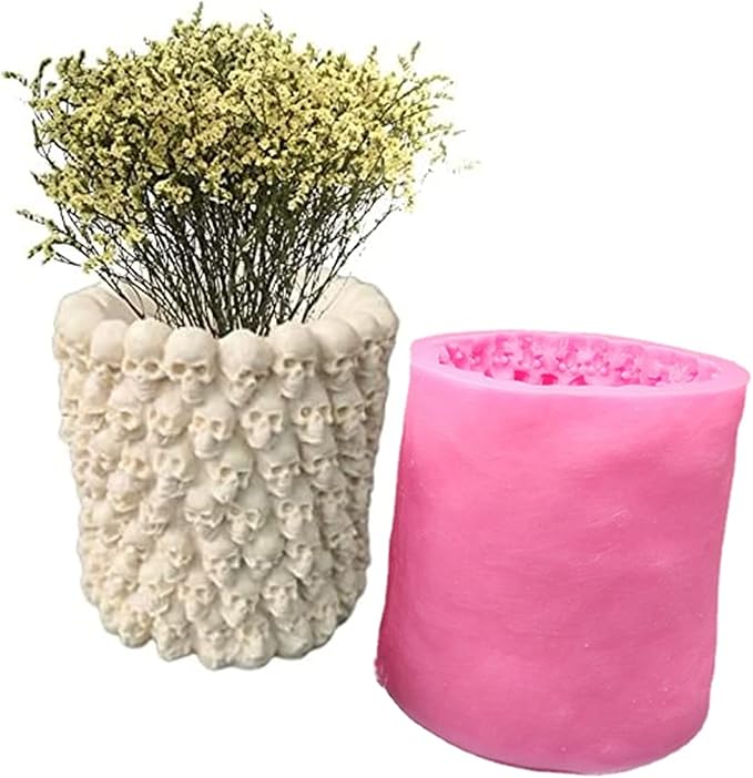 Skull Succulent Flower Pot Silicone Mold Concrete Planter Vase Cement Mold Plaster Epoxy Resin Pen Brush/Candle Holder Polymer Clay Mould (B) - skull candle