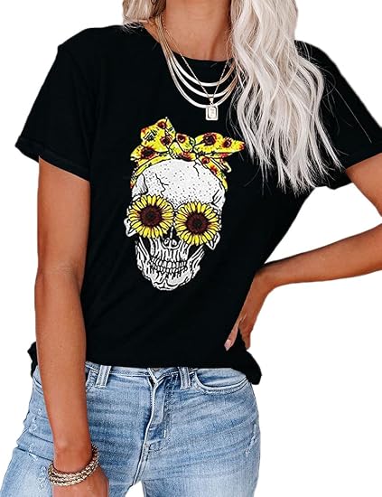 Graphic Tees for Women Short Sleeve Tshirts,Womens Summer Tops Crewneck Shirt Blouse - skull tshirt