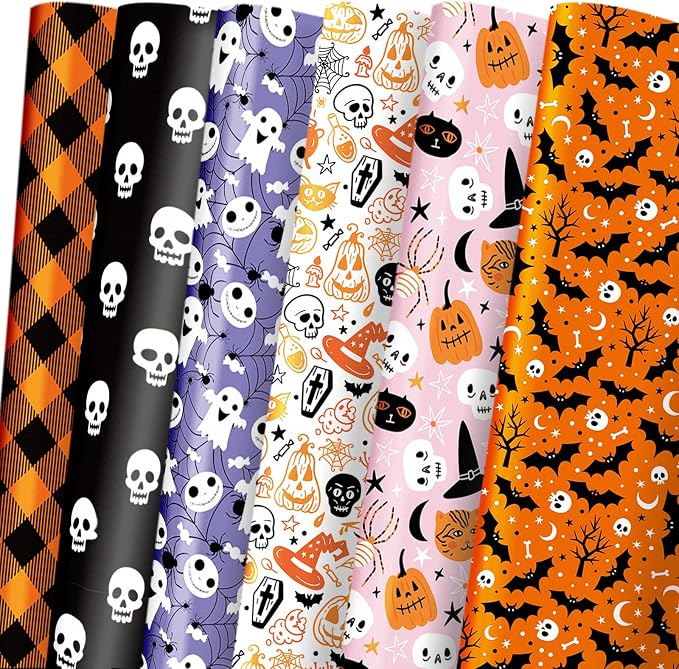 LeZakaa Halloween Wrapping Paper, Skull Ghost Pumpkin Bat Plaid Wrapping Paper for Halloween Party, Nightmare before Christmas, for Kids Boys Girls, 19.7" x 27.5" Per Sheet - skull toilet paper