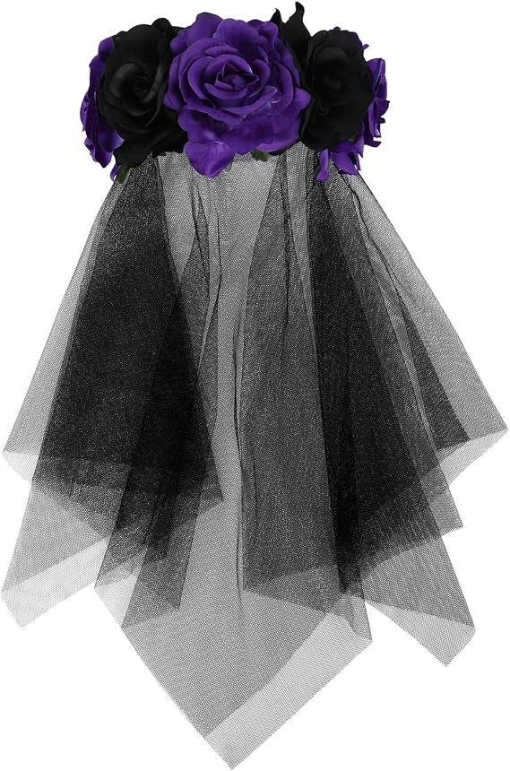 Floral Crown Headband Black Lace Veil Headpiece Hair Accessories Day of The Dead Halloween Party Wedding Bridal - skull headband