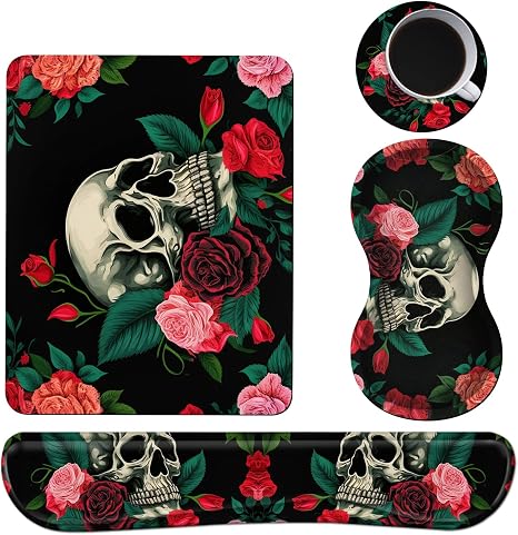 Keyboard Wrist Rest + Mouse Pad + Mouse Wrist Rest Support Set + Coaster, Ergonomic Memory Foam Mouse and Keyboard Pad Set for Laptop Computer Office Home Working Gaming, Rose Flower Skull - skull coaster
