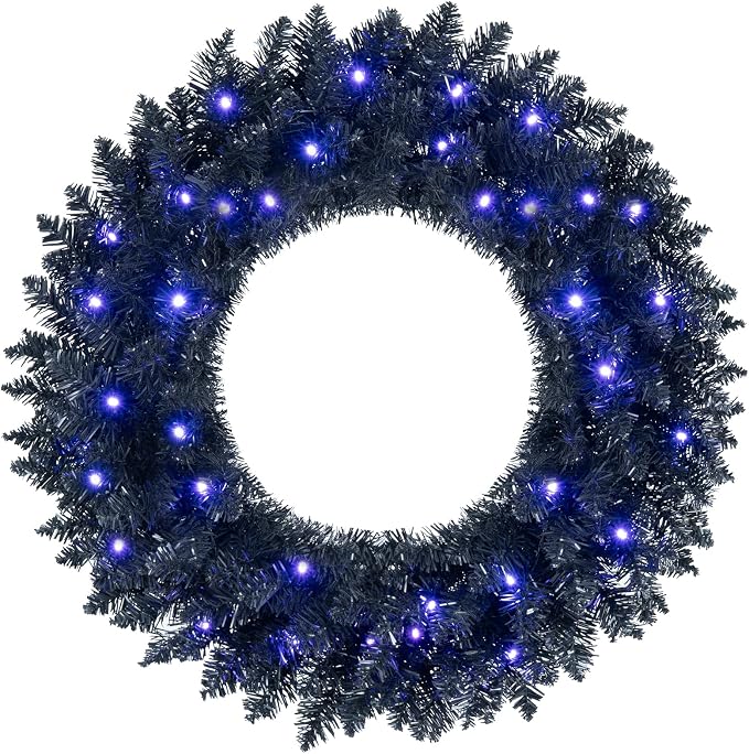Goplus 24" Black Christmas Wreath with 35 Purple LED Lights, for Halloween - skull wreath