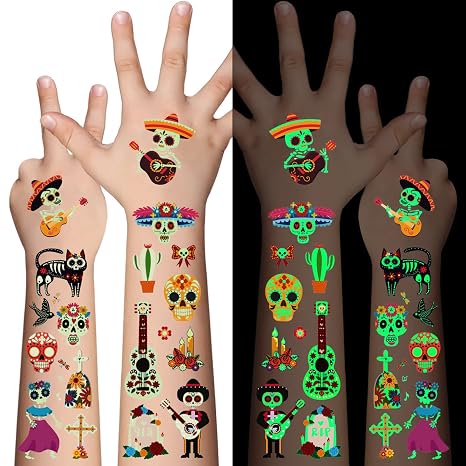 Day of the Dead Luminous Temporary Tattoos for Kids - 100 Pieces Glow In The Dark Tattoos Stickers for Boys and Girls,Sugar,Skeletons,Gemstones,Red Roses Face Makeup Tattoos Set,Holiday Party Gifts - sugar skull makeup