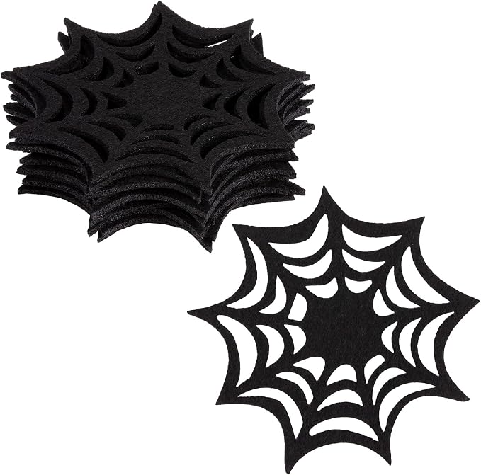 Whaline 10 Pack Halloween Drink Coasters Black Spider Web Coaster Spooky 4.3 x 4.3 Inch Non-Woven Cup Mat Pad for Home Kitchen Office Housewarming Party Table Decoration Supplies - skull coaster