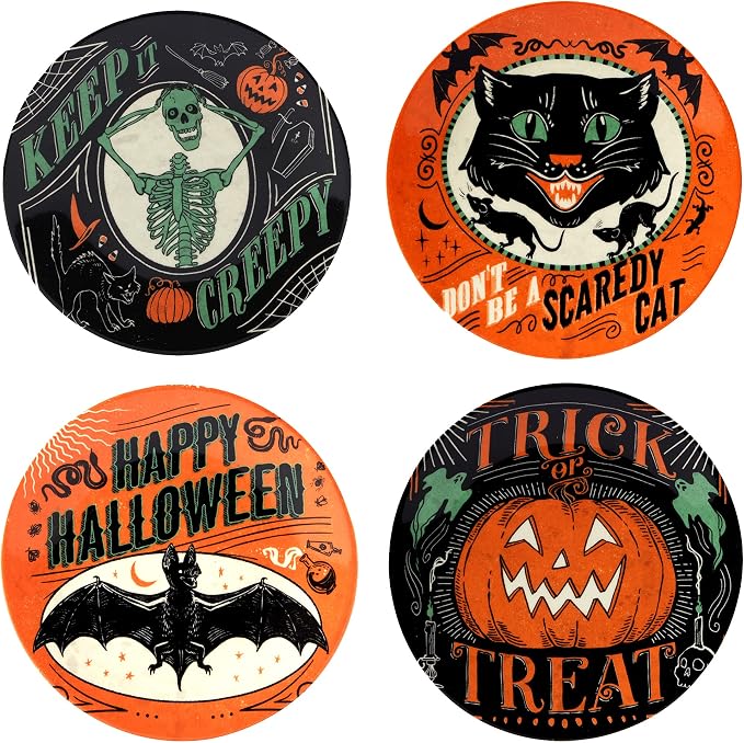 Certified International Scaredy Cat 6" Canape/Luncheon Plates, Set of 4 Assorted Designs - skull plate