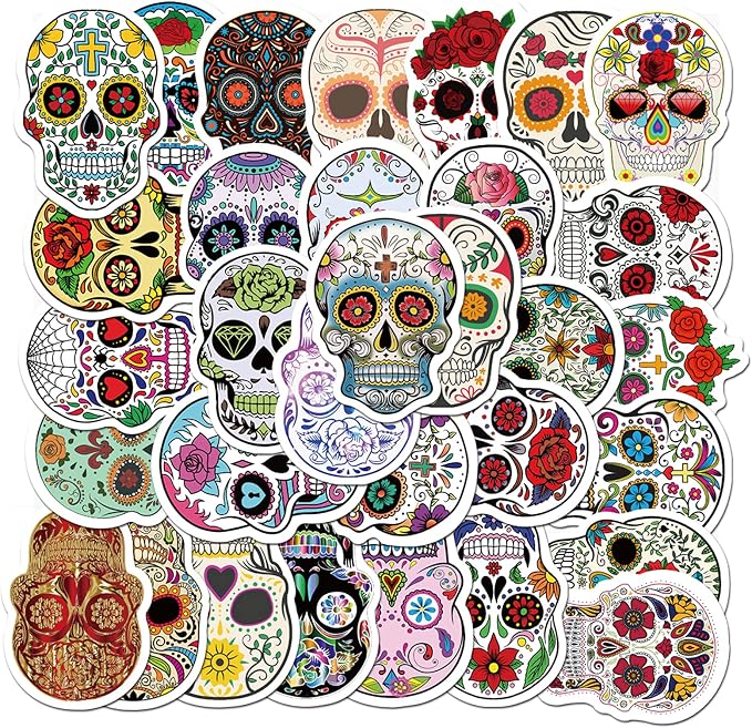 50pcs Halloween Sugar Skull Stickers, Dia de Los Muertos Mexican Day of Dead Stickers Decals, Candy Skull Stickers for Laptop Water Bottle Luggage Bike Computer - skull suitcase
