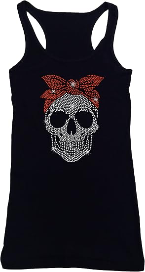 Women's Rhinestone Fitted Tight Snug Shirt Girl Skull w Red Bandana - Skeleton - skull tank tops