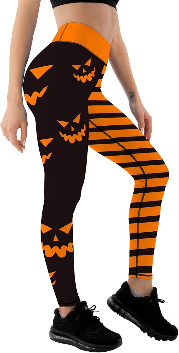 Nude Feeling Pumpkin Head Stripes Print Slim High Waist Long Halloween Leggings for Women Halloween Party Yoga Workout - skull leggings