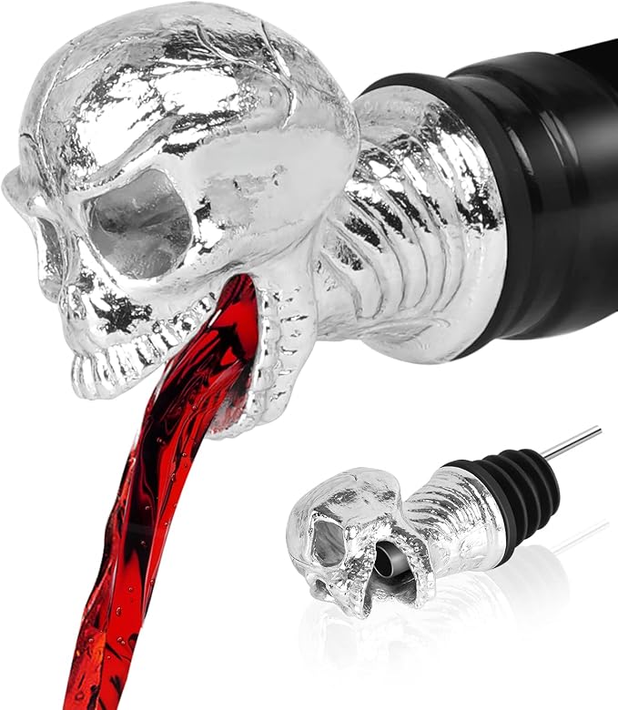 Skull Wine Aerator Pourer Spout, Olive Oil Liquor Bottle Decanter, Silver Plated Creative Gifts for Alcohol Spirits Whiskey Lover - skull bottle