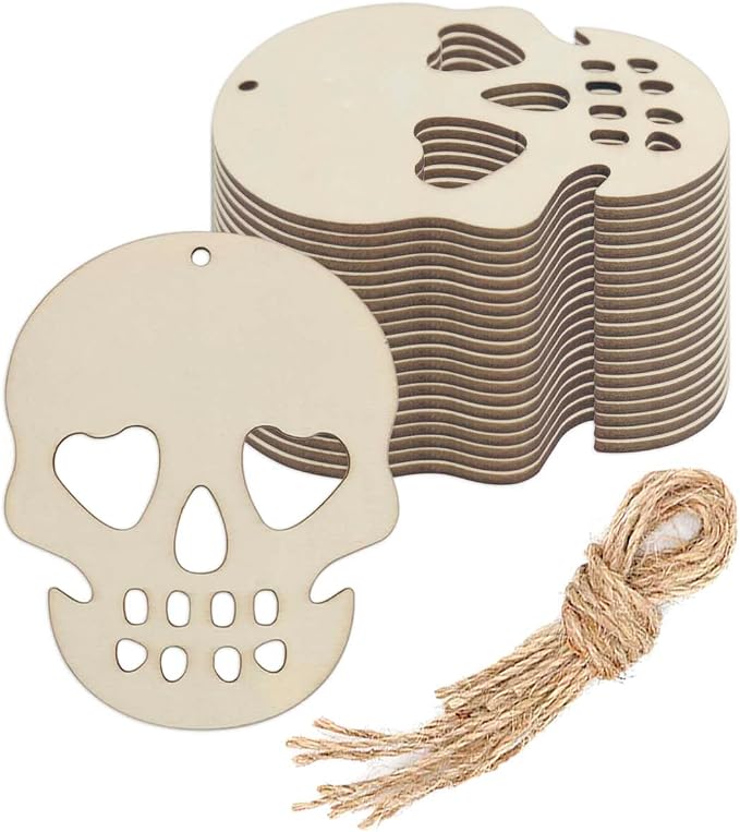 20pcs Halloween Skull Wood DIY Crafts Cutouts Wooden Skull Shaped Hanging Ornaments with Hole Hemp Ropes Wood Tags for DIY Projects Halloween Party Decorations