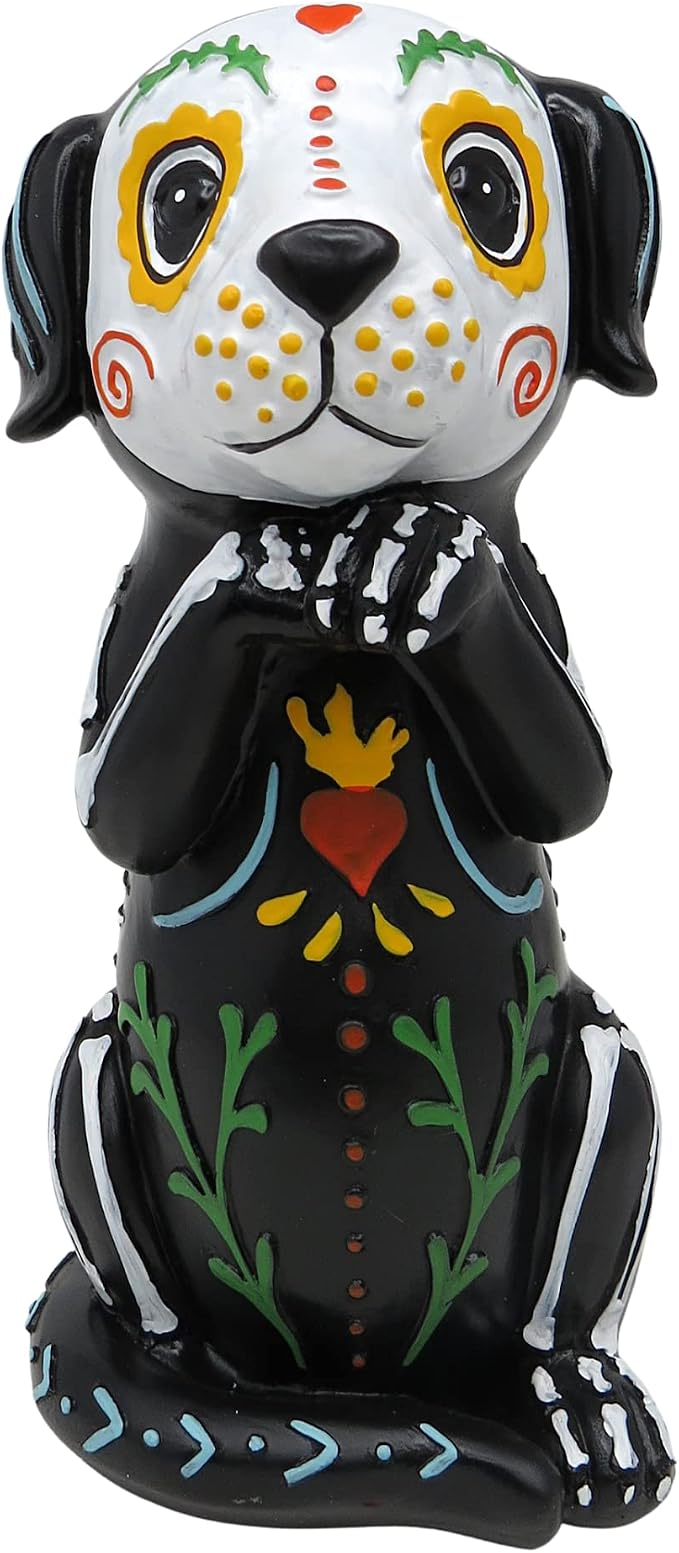 Dia de los Muertos Dog Figurine, Day of the Dead Halloween Decor, 9 Inch - skull figurine