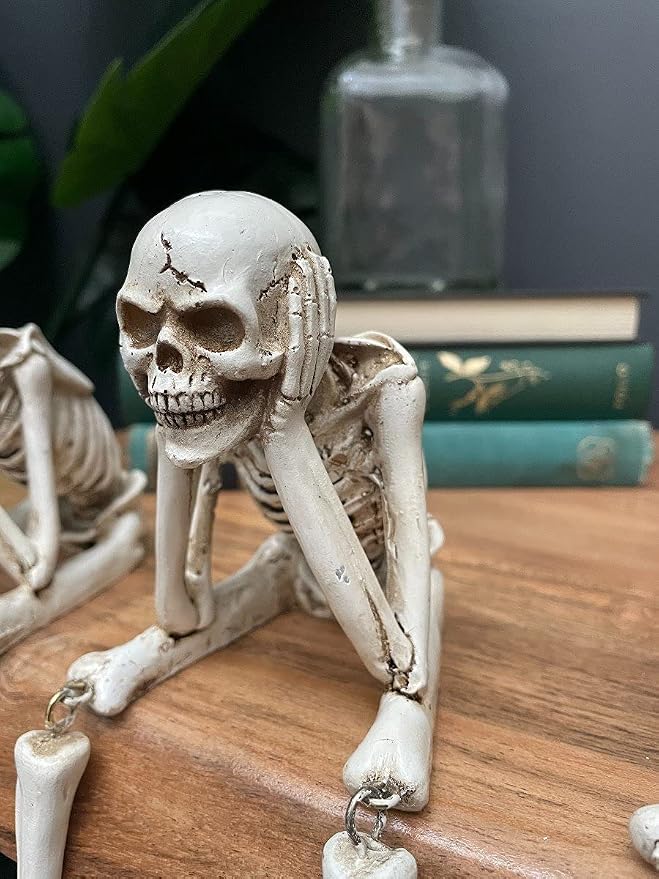Skull Statues Set Resin Skeleton Shelf Sitters Sitting Figurines for Home Bookshelf Table Ledge Edge Decorative, Crafts Ornaments Collectibles Statues for Skeleton Lovers Halloween Decor (Hear) - skull figurine