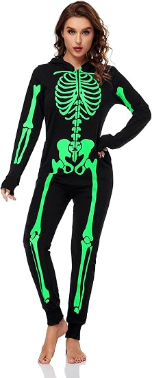 URATOT Women Skeleton Costume Glow in The Dark Halloween Onesie Outfit - skull pajamas