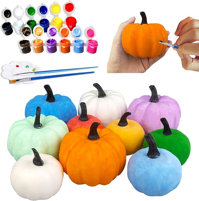 JIABNUKKN Pumpkin Decorations Halloween Crafts for Kids 10Pcs Paint Your Own White Plastic Artificial Pumpkin Decorating Kit Gift Toys for Kids DIY Halloween Thanksgiving Fall Decor - skull painting
