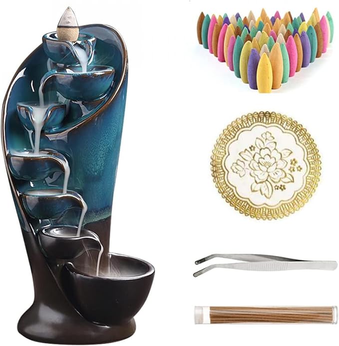 YYW Backflow Incense Burner Holder Handmade Statue Decor Fountain Waterfall Incense Holder with 20 Backflow Incense Cones 30 Incense Sticks 1 Tweezer 1 Mat for Indoor Meditation Yoga (Blue) - skull incense burner