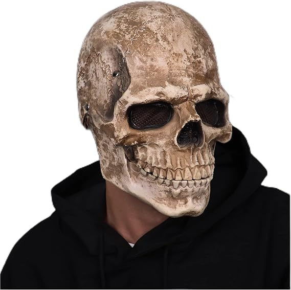 Creepy Full Head Skull Mask with Moving Jaw Halloween Scary Latex Helmet for Cosplay Party Props