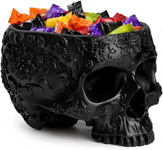 Halloween Skull Trick Or Treat Bowl Black Skeleton Planter Gothic Candy Pot - skull candle