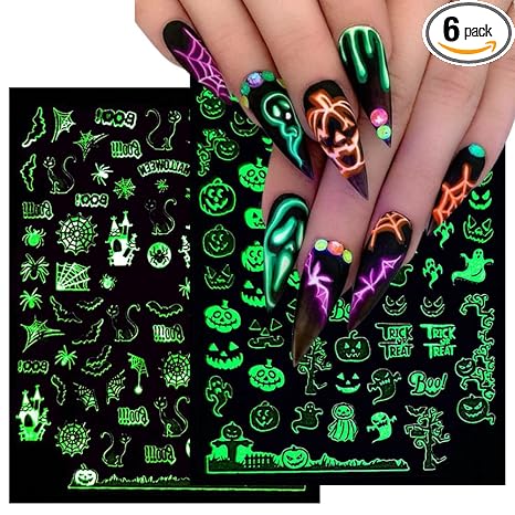 Luminous Nail Stickers - 3D Halloween Nail Art Designs - Skull, Ghost, Pumpkin, Spider, Bat Decals - Self-Adhesive, 6 Sheets - skull sticker