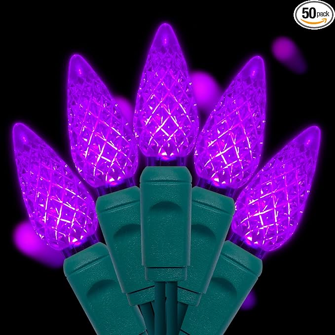 UL Listed 50 Count C6 LED Christmas Lights, Strawberry Bulbs, Outdoor String for Garden Patio Halloween Trees Decoration, 17 Feet Green Wire (Purple) - string light