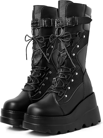 mikarka Goth Boots - Holographic Combat Platform Boots for Women Knee High - sugar skull costume