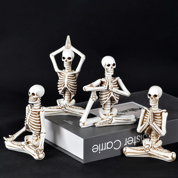 JORAE Yoga Skeletons Statue Set of 4 Skull Halloween Figurines Home Decor - skull figurine