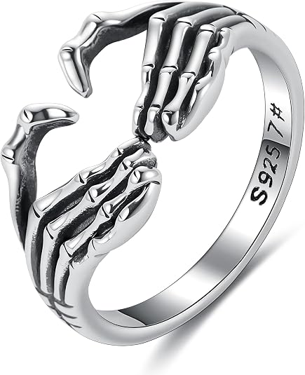 LOVECOM S925 Sterling Silver Skull Hand Rings for Women Men Gold Vintage Retro Punk Gothic Skeleton Adjustable Open Love Heart Shaped Statement Ring Rock Biker Day of The Dead Mens Jewelry Gifts - skull ring