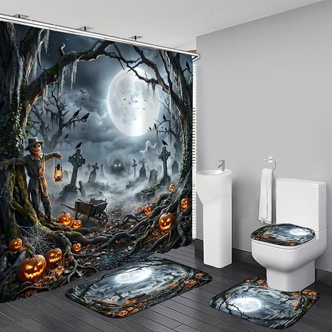 4PCS Halloween Shower Curtain Set with Non-Slip Rug, Toilet Lid Cover and Bath Mat, Moon Night Forest Pumpkin Shower Curtain with 12 Hooks, Waterproof Shower Curtain for Halloween Bathroom Decor - skull toilet paper