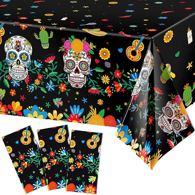 Irenare Day of the Dead Plastic Tablecloth, Sugar Skull, Black, 3 Pcs - skull plate