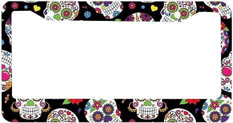 Sugar Skull Decorative License Plate Frame Day of The Dead Colorful Vintage Sugar Skull Abstract Seamless Floral Car Tag Frame Aluminum Auto License Plate Holder for Men Women - skull plate