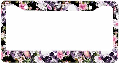 Decorative License Plate Frame Sugar Skull and Flower Car Tag Frame Aluminum Auto License Plate Holder for Men Women - skull plate