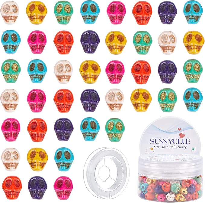 SUNNYCLUE 1 Box 100Pcs Halloween Synthetic Turquoise Skull Beads Skeleton Head Charms Colorful Gemstone Loose Spacer Bead Halloween Themed Decorations with Elastic Thread for Jewelry Making Crafts