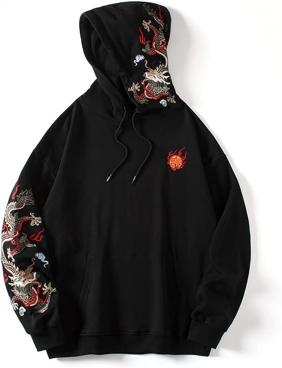 Niepce Inc Streetwear Men's Dragon Embroidered Heavyweight Graphic Hoodies - skull hoodie