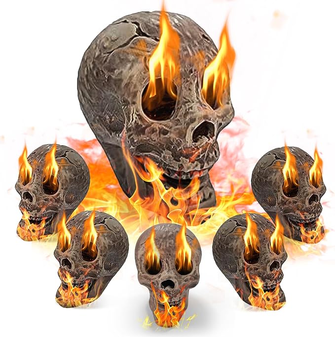 Ceramic Human Skull Fire Log Fireproof Skull logs for fire Pit,Fireplace, Gas, Halloween Horror Skull Decorations (6, Black)