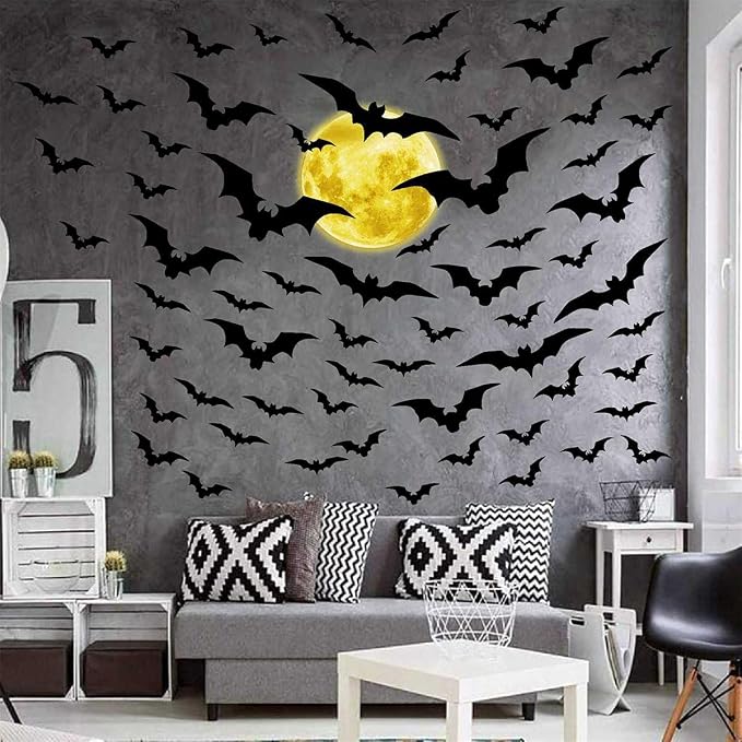 Halloween Moon Wall Decal Vinyl Bat Wall Stickers Clings Black Bats Decor