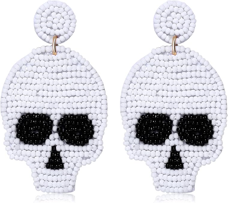 NLCAC Halloween Beaded Skull Earrings Statement Spooky Sugar Skull Skeleton Beaded Dangle Earrings Halloween Costume Jewelry for Women - skull plate