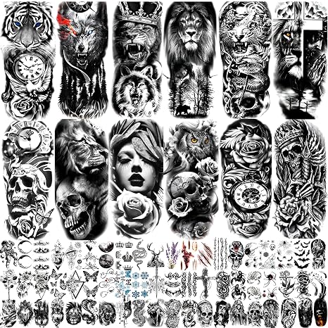 JEEFONNA 82 Sheets Temporary Tattoo for Men Women Adults, Include 12 Sheets Black 3D Half Sleeve Temporary Tattoos, Halloween Tattoos Scary Lion Wolf Tiger Skull Skeleton Tattoos Stickers - skull sticker